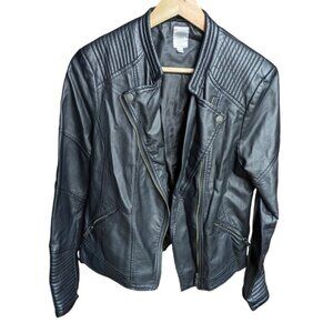 Simons Classic Black Faux Leather Jacket with Slim Fit, Women Large